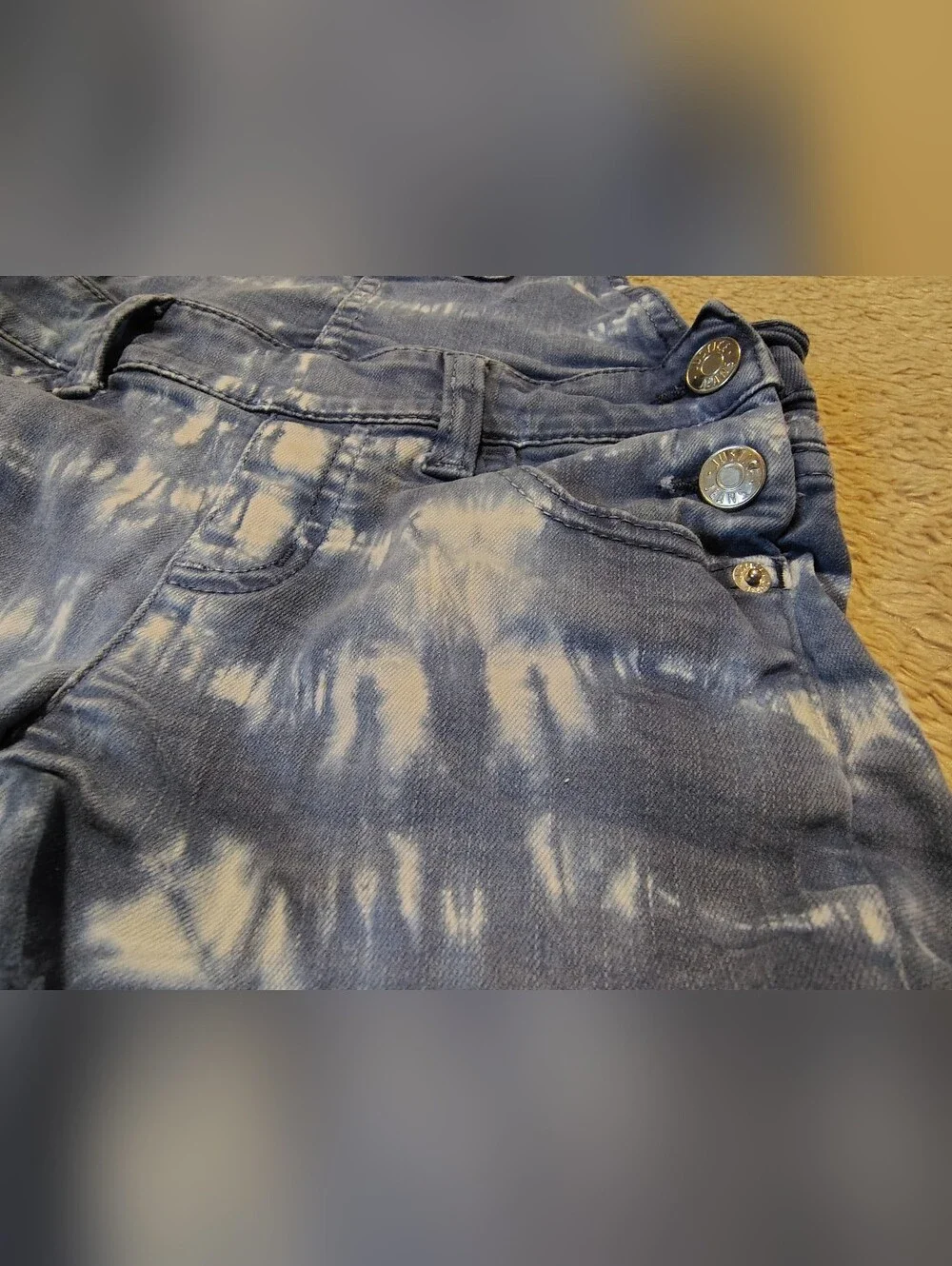 Justice Girls Denim Shorts Overalls Blue Jean Bleach Tie Dye Raw Edge Size 8